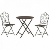 Round garden table + 2 foldable chairs in aged metal