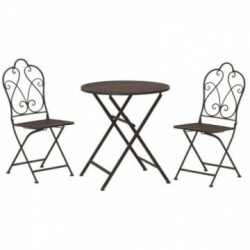 Runder Gartentisch + 2 klappbare Stühle aus gealtertem Metall