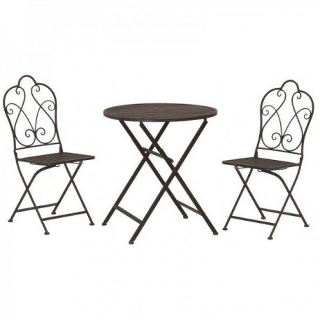 Round garden table + 2 foldable chairs in aged metal