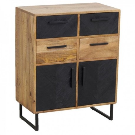 Chest of drawers in natural mango wood and metal 4 drawers 2 doors