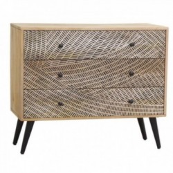 Dresser 3 Cassetti in mango incisa con piedi in metallo nero | Chic Armadio di stoccaggio etnico per soggiorno