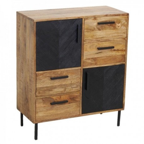 Casello in legno naturale e nero di massiccio | Cassetti a buffet basso 4 e 2 porte in stile bicolore