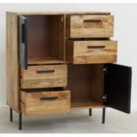 Chest of drawers in natural and black stained mango wood with 4 drawers and 2 doors