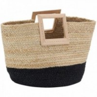 Black tinted natural jute beach shopping tote bag with wooden handles