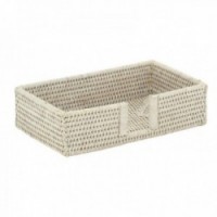 White patinated rattan towel basket