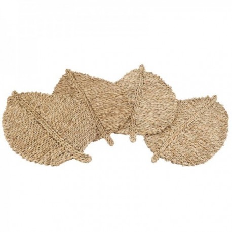 Set of 4 leaf-shaped braided natural rush placemats
