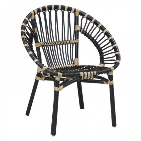 Stackable round armchair in black and natural stained rattan
