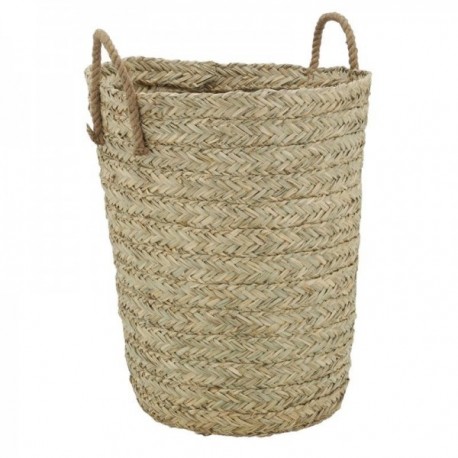 Tall, round laundry basket in braided natural rush
