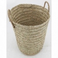 Tall, round laundry basket in braided natural rush