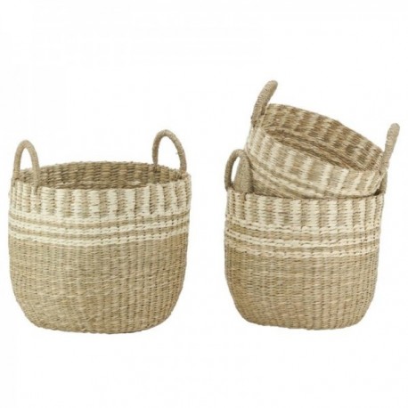 Set of 3 round planters in braided natural rush with 2 handles