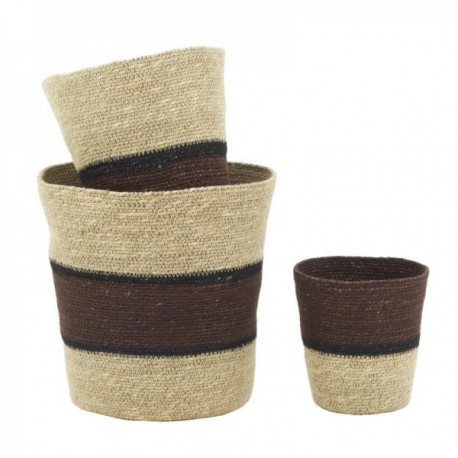 Set of 3 round planters in natural and brown tinted rush ø 15 cm - ø 25cm