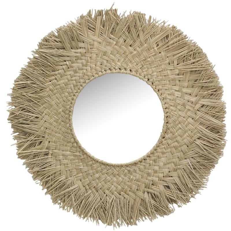 Grote muurspiegel met franjes Ø 66 cm ronde spiegel Boheemse natuurlijke vezel