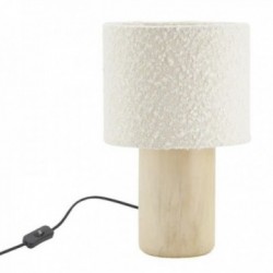Lámpara de sobremesa, base redonda de madera, pantalla de algodón blanco