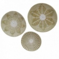 Set of 3 round wall decorations in natural rush with flower motif