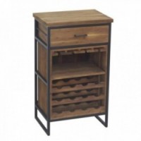 Mueble mini bar de madera reciclada y metal negro / portavasos / compartimentos para botellas