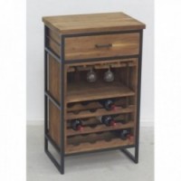 Mueble mini bar de madera reciclada y metal negro / portavasos / compartimentos para botellas