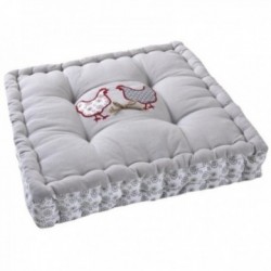 Coussin de chaise ou coussin de sol gris motif poule en coton et lin
