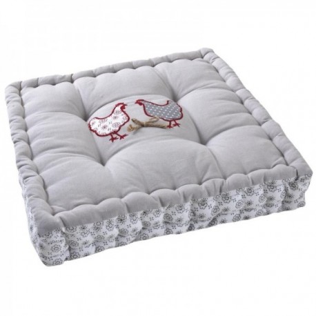 Coussin de chaise ou coussin de sol gris motif poule en coton et lin