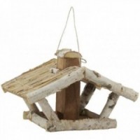 Hanging birch wood bird feeder with grain silo