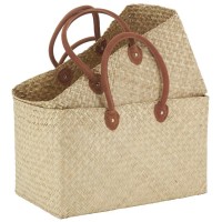 Set of 2 rectangular shopping bags in seagrass and leather handles