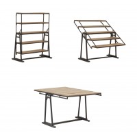 Wooden shelf and convertible metal table