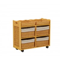 Commode bois à roulettes avec 6 corbeilles en osier, rangement pratique, design naturel et gain de place