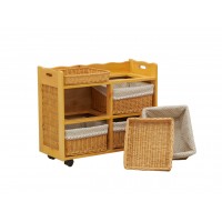 Wooden dresser on wheels + 6 wicker baskets