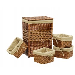 Coffre à linge en osier teinté avec 4 corbeilles coton, rangement élégant et pratique pour la maison
