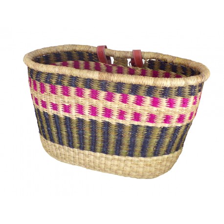 Bicycle basket in colored natural rush with leather strap