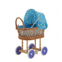 Rieten poppenwieg met blauwe bloemmotieven - Oude vintage kinderspeelgoedpoppenwagen