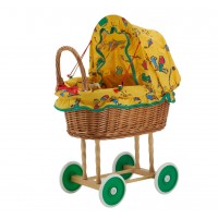 Geel gedessineerde rieten poppenwieg - vintage oude kinderspeelgoedpoppenwagen