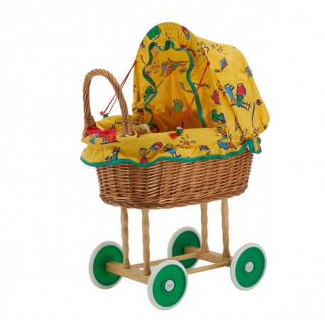 Berceau de poupée en osier à motifs jaune - Landau poupée jouet enfant ancien vintage