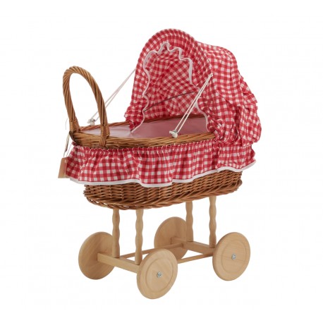 Rieten poppenwieg met gingangruitpatroon - Oude vintage kinderspeelgoedpoppenwagen