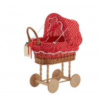 Wicker doll's cradle with red hearts pattern