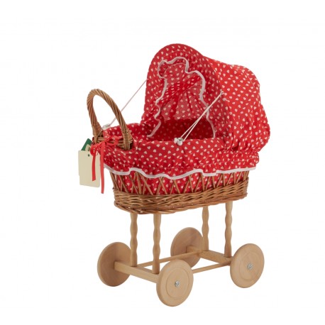 Rieten poppenwieg met rood hartjespatroon - Oude vintage kinderspeelgoedpoppenwagen