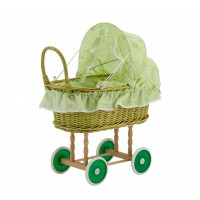 Berceau de poupée en osier à motif coeurs vert - Landau poupée jouet enfant ancien vintage