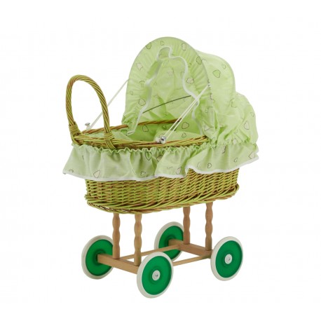 Berceau de poupée en osier à motif coeurs vert - Landau poupée jouet enfant ancien vintage