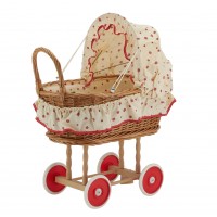 Wicker doll's cradle with red flower pattern