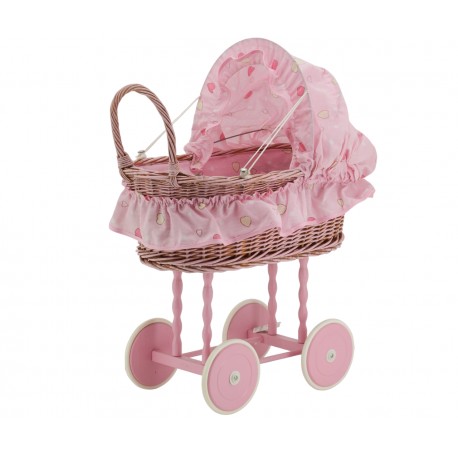 Berceau de poupée en osier à motif coeurs rose - Landau poupée jouet enfant ancien vintage