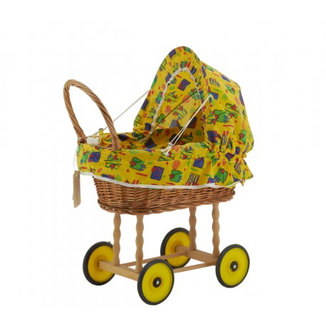 Berceau de poupée en osier à motifs jaune - Landau poupée jouet enfant ancien vintage