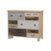 Wooden chest of drawers with 9 mismatched multicolored drawers