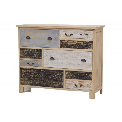 Wooden chest of drawers with 9 mismatched multicolored drawers