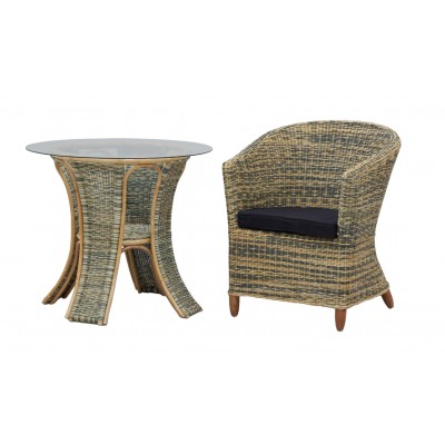Rattan armchair set with cushion + round table with glass top