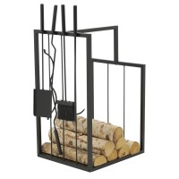 Porte-bûches en métal teinté noir + 4 accessoires de cheminée