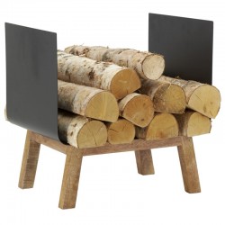 Porte-bûches en métal laqué noir avec pieds en bois