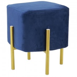 Pouf carré en velours bleu avec pieds en métal doré -Tabouret Repose-Pieds Salon Séjour