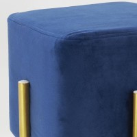 Puf cuadrado de terciopelo azul con patas de metal dorado - Taburete reposapiés de salón