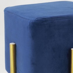 Pouf carré en velours bleu avec pieds en métal doré -Tabouret Repose-Pieds Salon Séjour