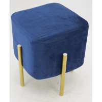 Square blue velvet pouf with gold metal legs - Living room footrest stool