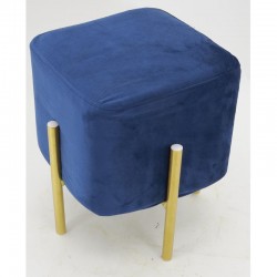 Puf cuadrado de terciopelo azul con patas de metal dorado - Taburete reposapiés de salón